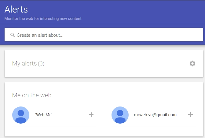 Màn hình khi mới vào Google Alert