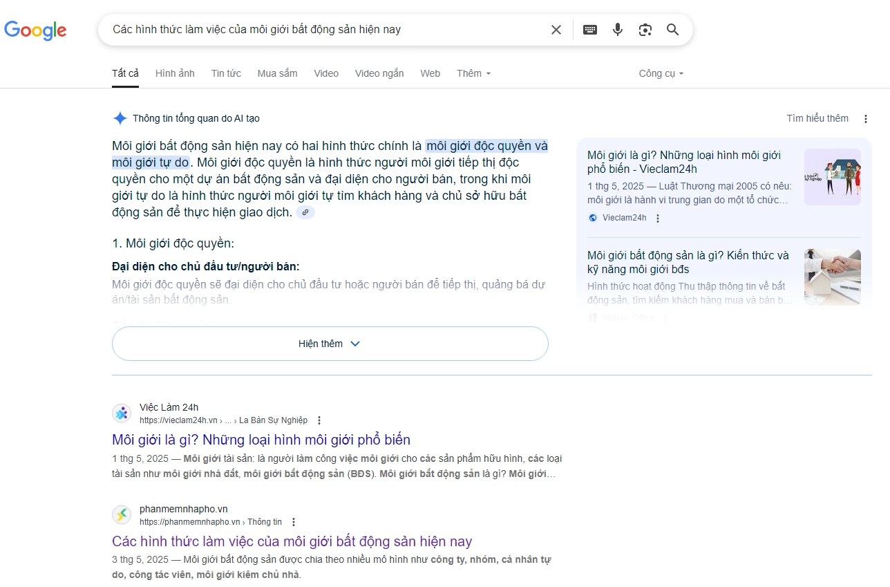 Kết quả hiển thị của AI overvew trên Google