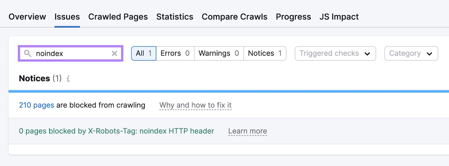 Dùng Sermrush để kiểm tra trang web có dùng noindex hay không