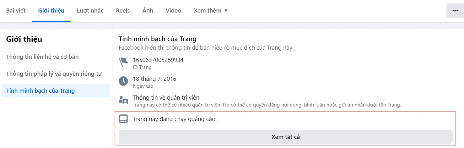 Xem tình trạng Page có đang quảng cáo hay không?